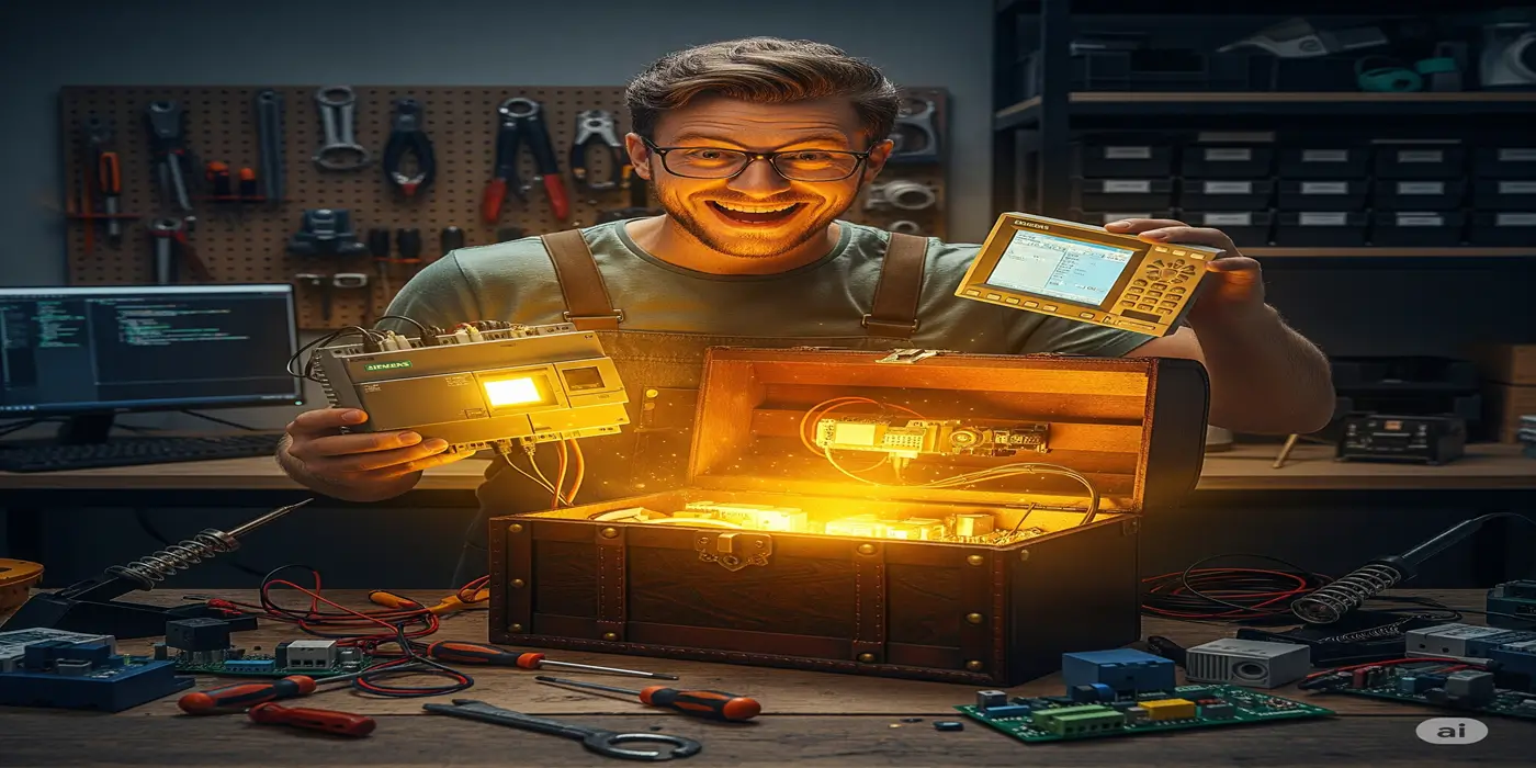 برنامه نویس اتوماسیون صنعتی هیجان‌زده در حال بیرون آوردن قطعات درخشان PLC و HMI از یک صندوق گنج دانش