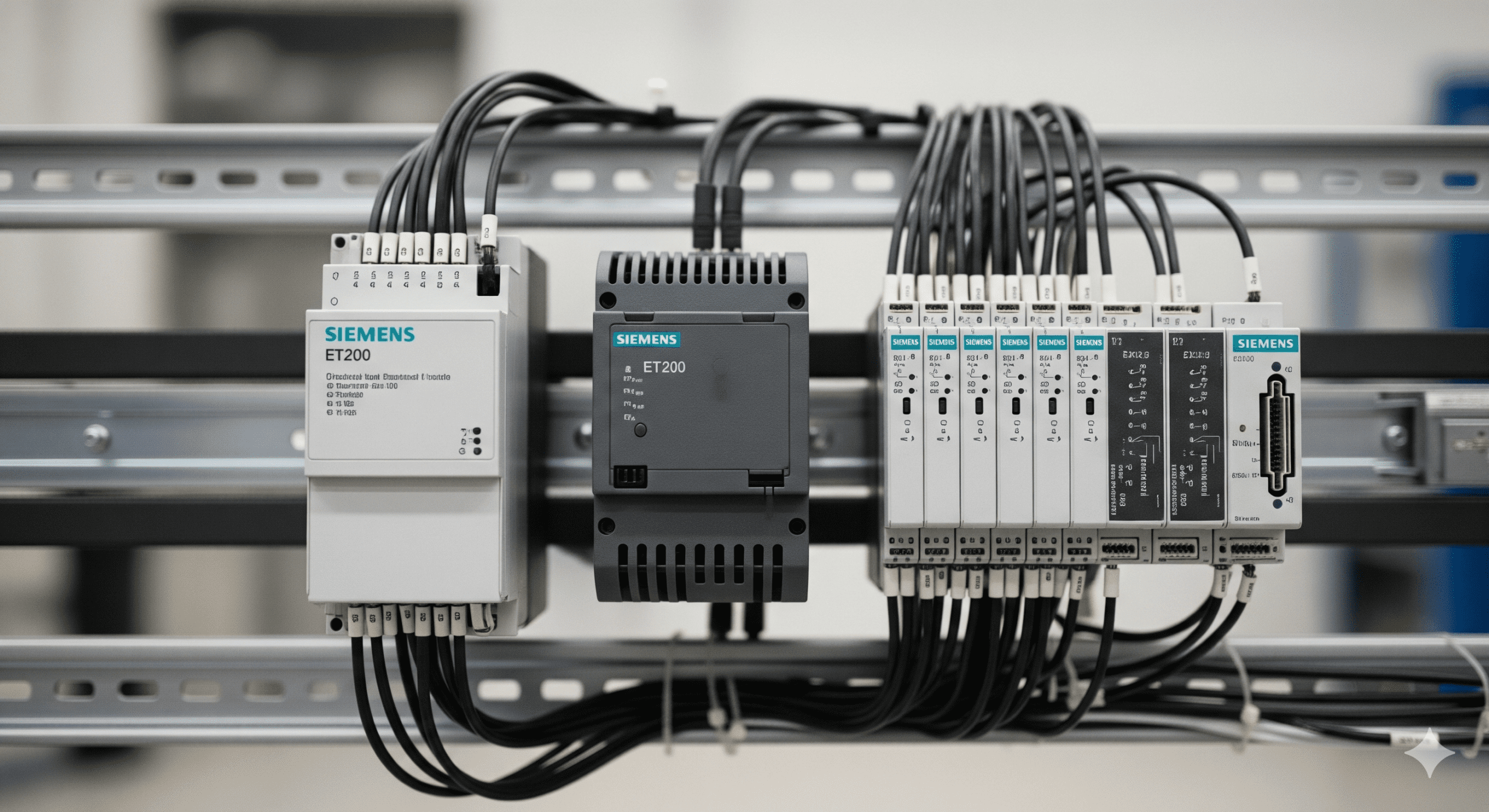 "ماژول‌های سیستم I/O توزیع‌شده زیمنس ET200 که روی ریل صنعتی نصب و سیم‌کشی شده‌اند