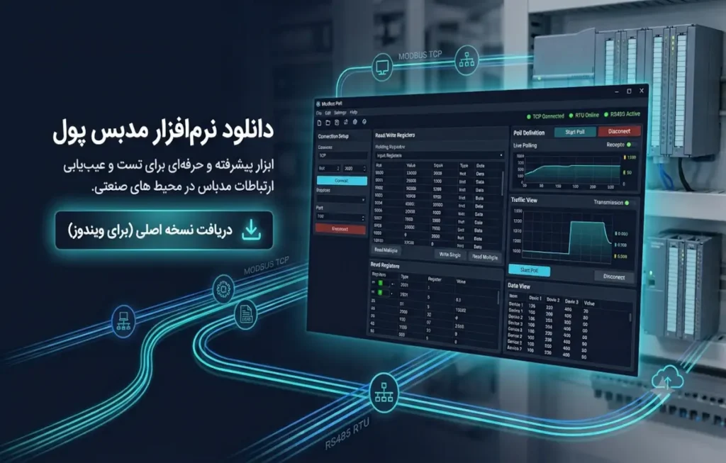 بنر دانلود نرم‌افزار Modbus Poll برای ویندوز، شامل رابط کاربری و تجهیزات PLC و خطوط ارتباطی داده