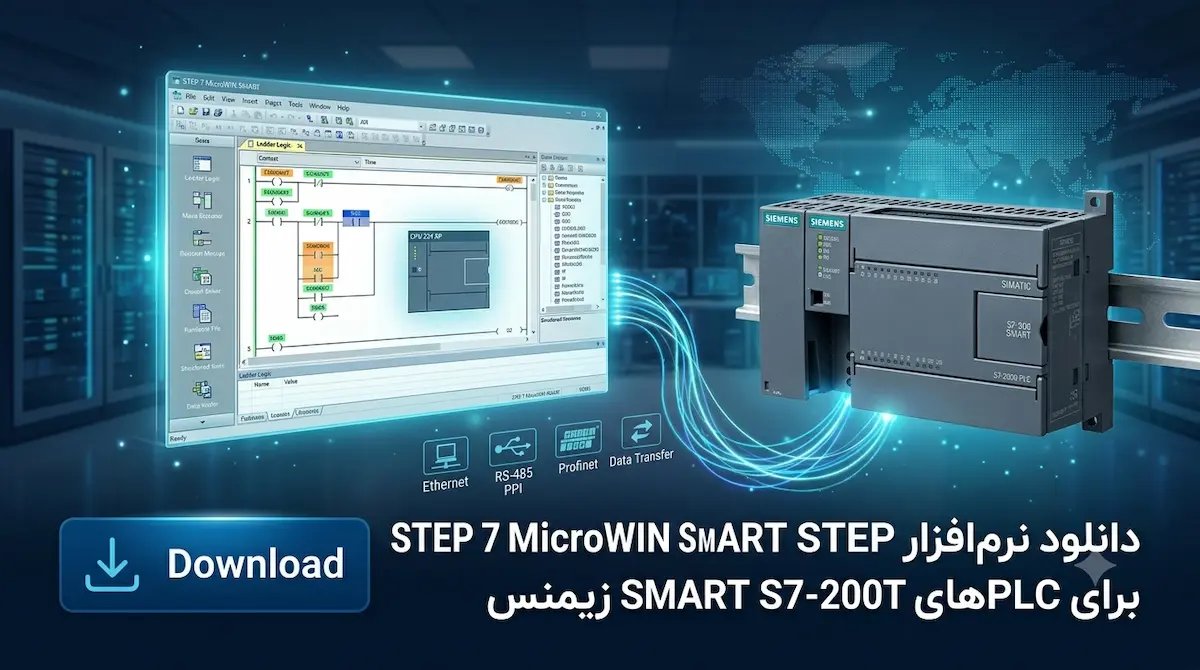 بنر دانلود نرم‌افزار STEP 7 MicroWIN SMART v2.8 مهار صنعت برای برنامه‌نویسی PLC‌های سری S7-200 SMART زیمنس به همراه لینک دانلود مستقیم.